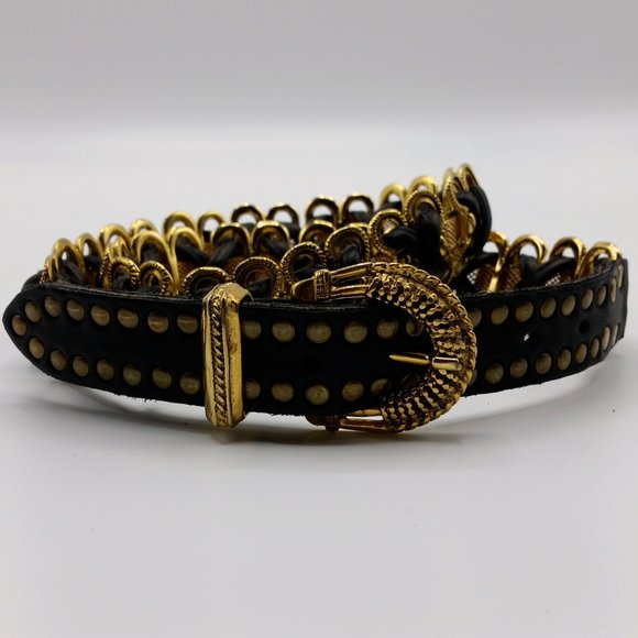 Studded black and gold leather belt